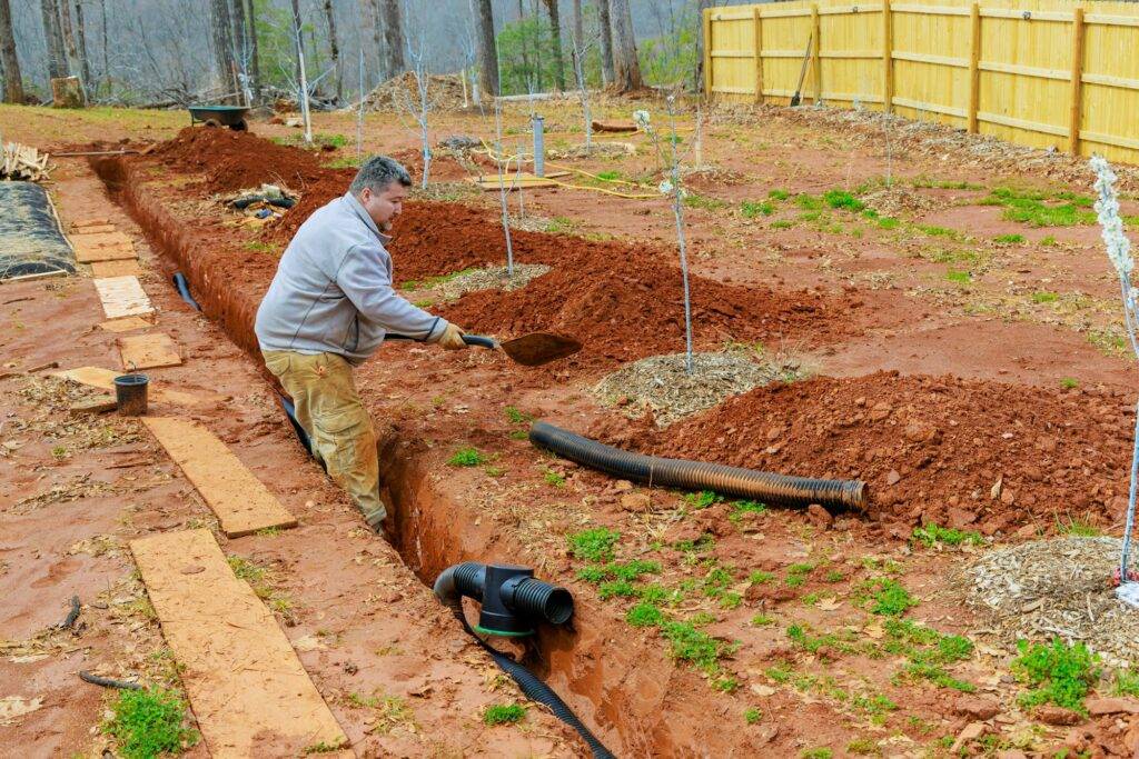 Installing storm drainage pipe into a trench drain in order to drain rainwater